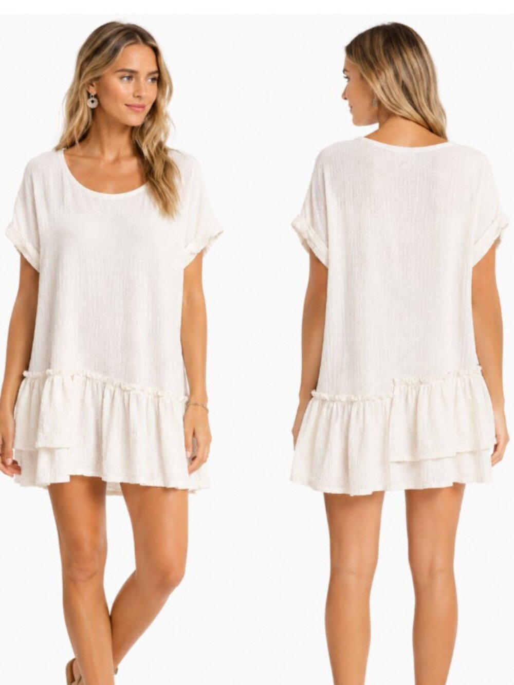 Free People Beach Marni Tunic Cream Textured Ruffle-Hem Tunic dress size large